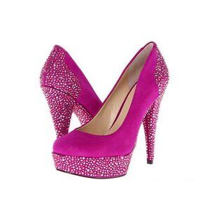 Enzo Angiolini Dark Pink Fuchsia Platform High Stiletto Heels with Rhinestones